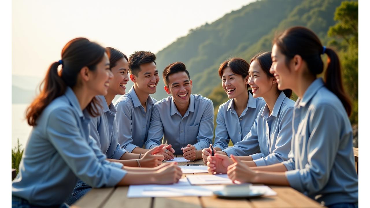 동해쇼어즈 직원들이 팀 빌딩 활동을 하며 즐겁게 웃고 있다.