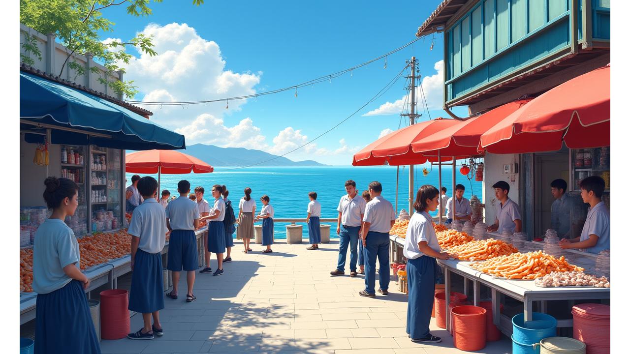 속초의 전통 어시장 풍경과 푸른 동해 바다