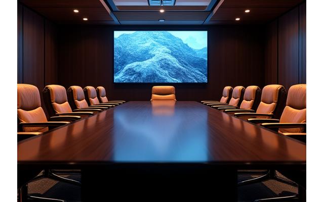 고급스러운 보드룸에서 임원진이 진지하게 회의하는 모습