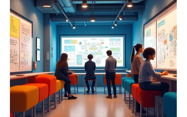다채로운 가구와 화이트보드가 있는 브레인스토밍 룸에서 팀원들이 자유롭게 아이디어를 공유하는 모습