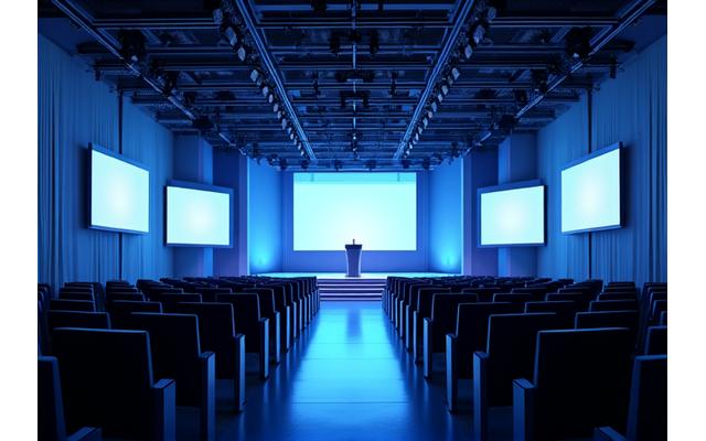 최신 장비를 갖춘 대형 컨퍼런스 홀에서 강연이 진행되는 모습