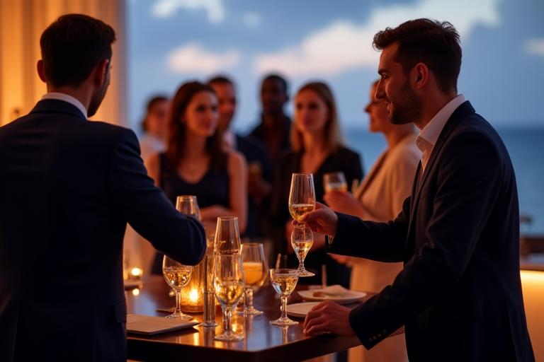 동해쇼어즈에서 열리는 럭셔리 네트워킹 이벤트에서 비즈니스 전문가들이 활발하게 대화하는 모습
