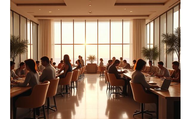 개방적이고 세련된 코워킹 라운지에서 여러 사람이 함께 일하는 모습