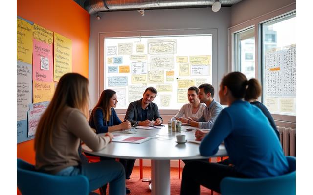 편안하고 창의적인 분위기의 크리에이티브 룸에서 팀이 브레인스토밍하는 모습