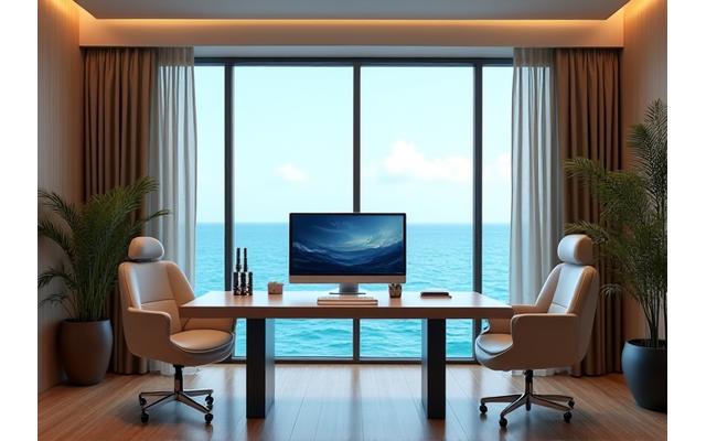 오션뷰를 조망하는 프라이빗 오피스에서 업무에 집중하는 모습