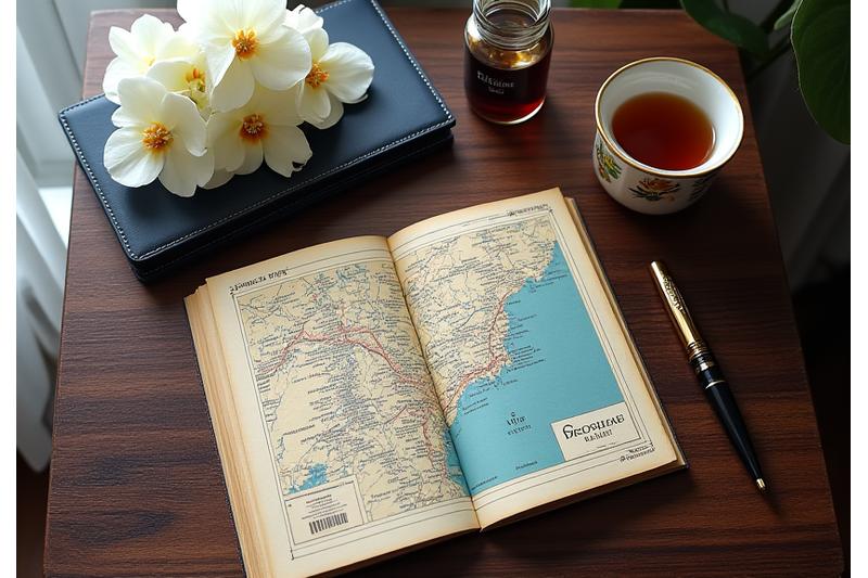 맞춤형 여행 일정을 계획하는 모습. 지도와 고급스러운 필기도구가 놓인 테이블.