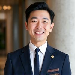 진심 어린 미소를 짓고 있는 한국인 남성 컨시어지 매니저.