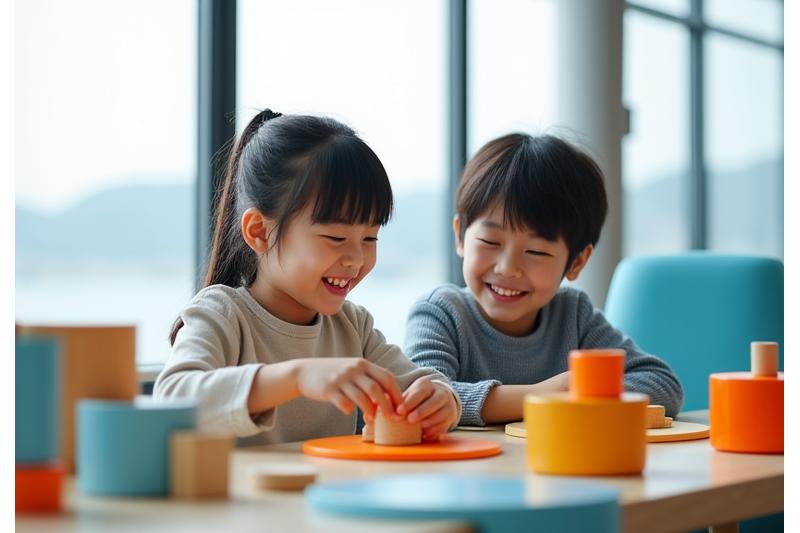 리조트 안 어린이 전용 공간에서 웃으며 놀고 있는 아이들.