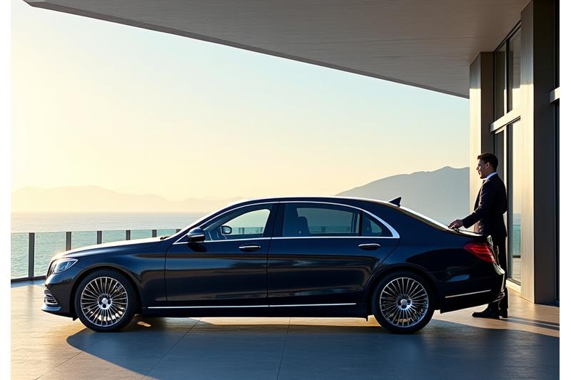 고급 세단이 리조트 입구에 대기하며 VIP 고객을 기다리는 모습.