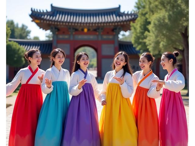 한복을 입고 고궁 앞에서 사진을 찍는 외국인 관광객