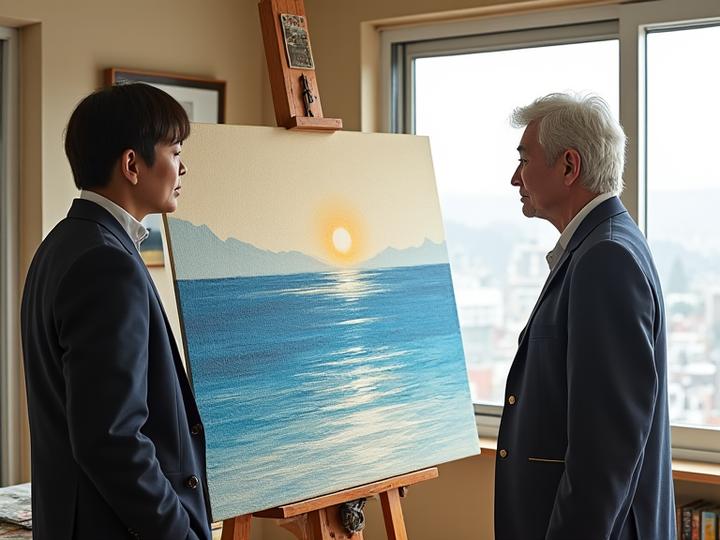 동해 바다를 그리는 화가와 대화하는 모습