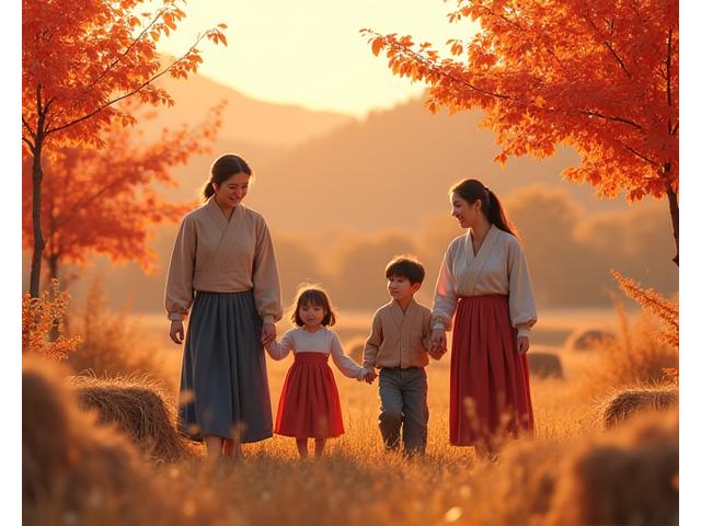 가을 단풍이 물든 산에서 추수 체험을 하는 가족들