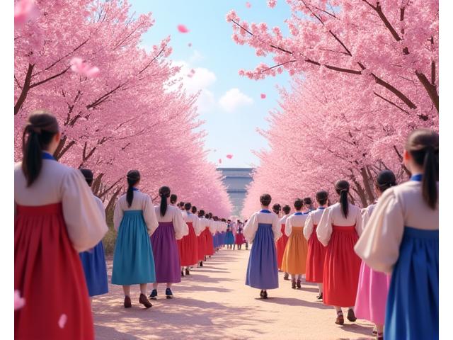 봄 벚꽃 축제에서 전통 놀이를 즐기는 사람들