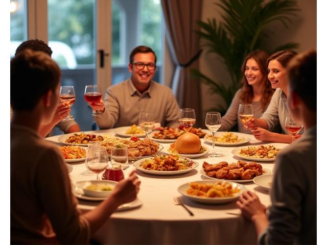 넓은 공간에서 활기차게 식사하는 가족 모임, 키즈 메뉴 포함