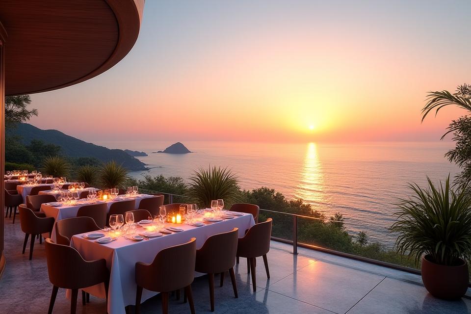 푸른 동해 바다를 배경으로 한 야외 오션뷰 테라스 다이닝 공간