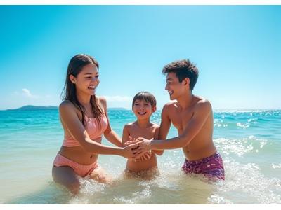 해변에서 아이들과 행복하게 노는 가족