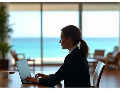 리조트 라운지에서 노트북으로 일하는 비즈니스맨