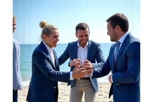 해변에서 팀빌딩 활동을 하는 기업 직원들