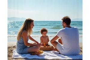 해변에서 피크닉을 즐기는 가족