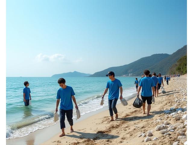 고객들과 직원들이 함께 해변 쓰레기를 줍는 모습